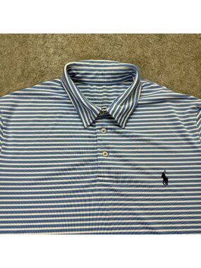 Polo Ralph Lauren Polo Shirt Men L Blue White Striped Performance Stretch b090 *